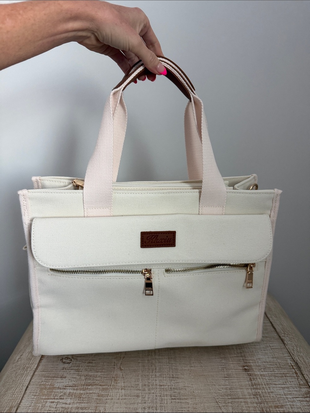 Women's Cream Canvas Tote Bag with Dual Zip Pockets